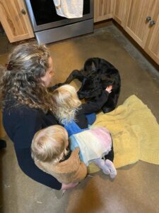 sick calf with family in the kitchen