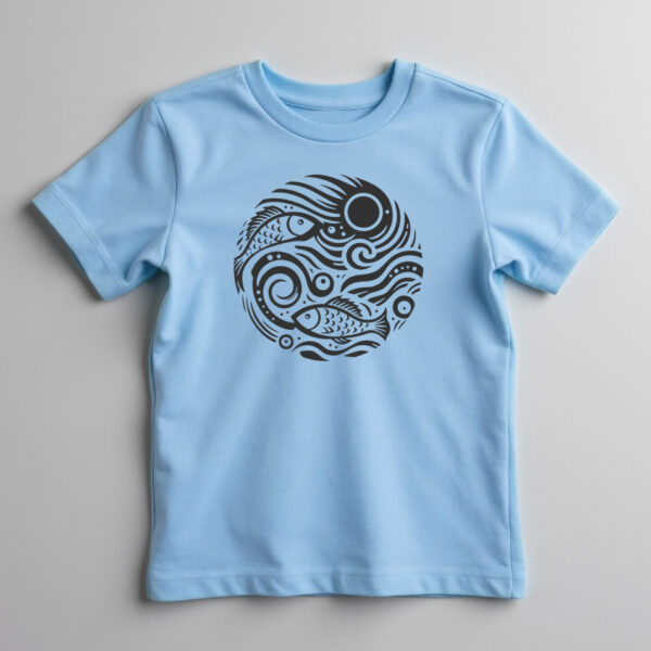 kids sky blue t-shirt with cast-a-line design featuring fish and waves in a. circle