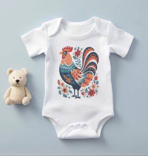 organic cotton folk art rooster baby onesie