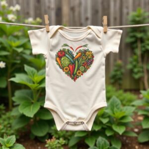 Organic cotton baby onesie featuring illustration of a colorful collection of veggies in the shape of a heart. Onesie is hanging on a clothesline in the garden.