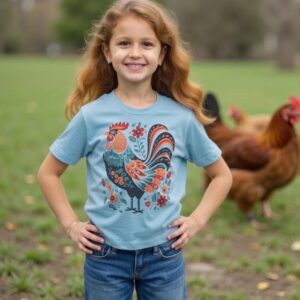 girl in a pasture with chickens wearing the colorful "Folk Art Rooster" t-shirt in blue