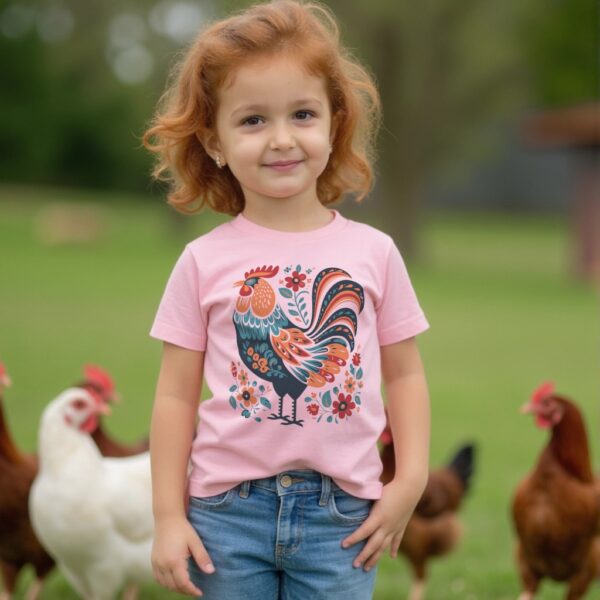 girl in a pasture with chickens wearing the colorful "Folk Art Rooster" t-shirt in pink