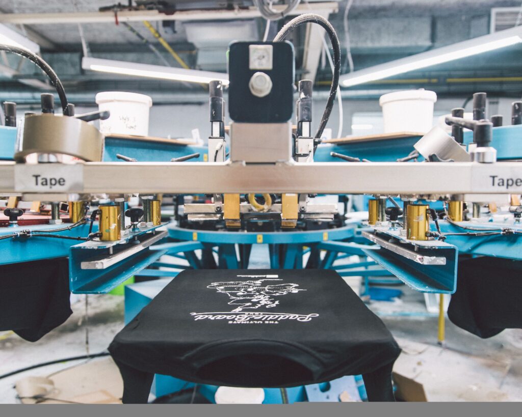 print-on-demand print presses in organic cotton apparel factory