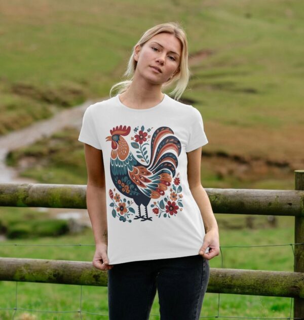 woman wearing Folk Art Rooster organic cotton tee in white