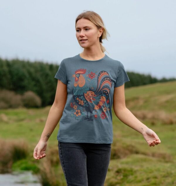 woman wearing Folk Art Rooster organic cotton tee in stone blue