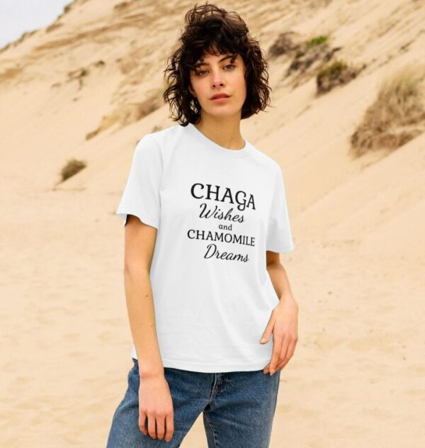 woman wearing the Chaga Wishes and Chamomile Dreams organic cotton classic tee in white color