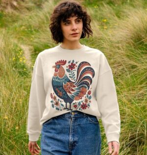 woman wearing Folk Art Rooster oversized weatshirt