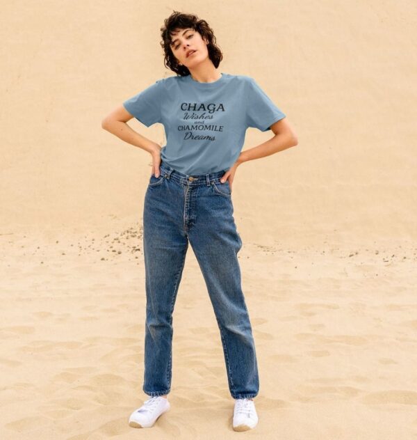 woman wearing the Chaga Wishes and Chamomile Dreams organic cotton classic tee in stone blue color