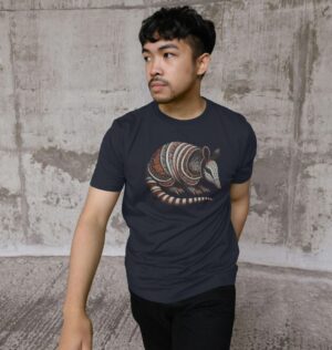 man wearing the Banded Armadillo organic cotton t-shirt in navy blue