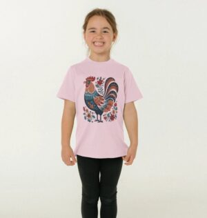 girl wearing pink organic cotton Folk Art Rooster t-shirt