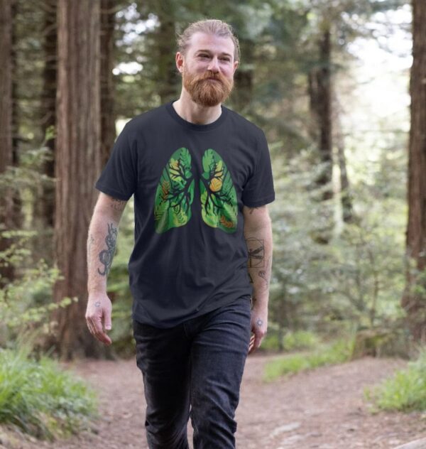 man wearing organic cotton Earth Lungs t-shirt in navy blue