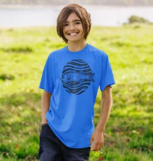boy wearing Cast a Line shirt with fish and waves design in bright blue