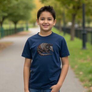 boy wearing the Banded Armadillo organic cotton t-shirt in navy