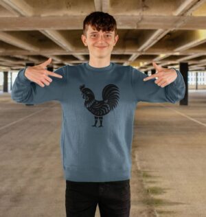 boy wearing the Folk Rooster sweatshirt in stone blue