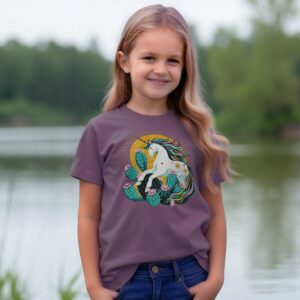 girl in front of lake wearing eggplant color shirt with unicorn illustration in prickly pear cactus with sun behind