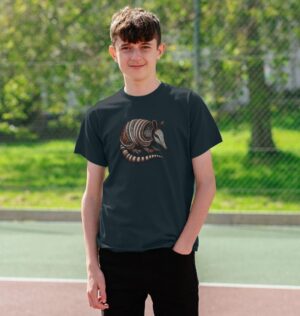 boy wearing the Banded Armadillo organic cotton t-shirt in denim blue color