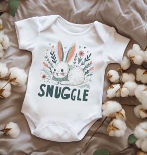 baby onesie with illustration of bunny and word Snuggle
