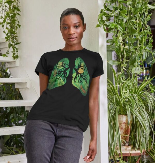 woman wearing "Earth Lungs" Remill tee in black