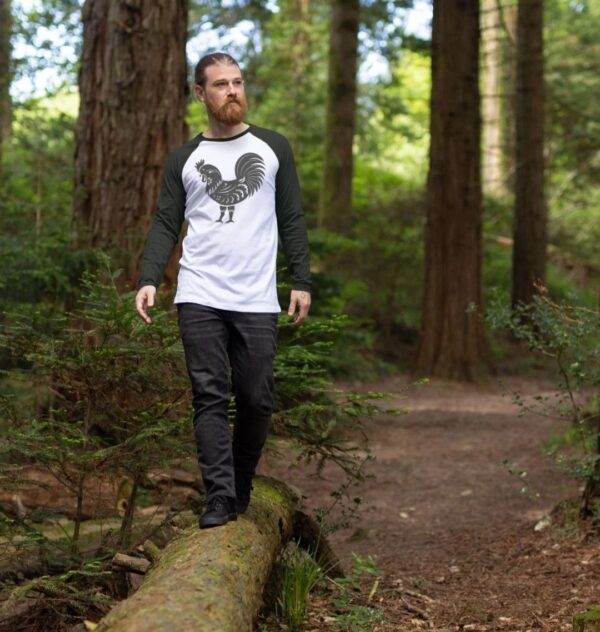 man wearing Folk Rooster organic cotton raglan baseball t-shirt