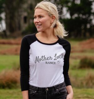 woman wearing the Mother Luck Ranch baseball tee