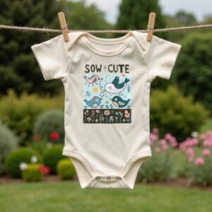 organic cotton baby onesie with text "Sow Cute" and illustration of birds dropping seeds into a garden