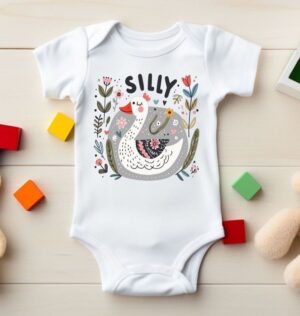 baby onesie with word Silly and cute illustration of a goose