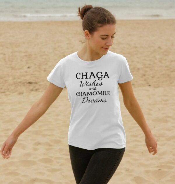 woman wearing "Chaga Wishes and Chamomile Dreams" organic cotton crew neck tee in pastel white color