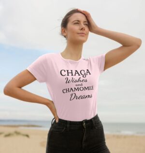 woman wearing "Chaga Wishes and Chamomile Dreams" organic cotton crew neck tee in pink color