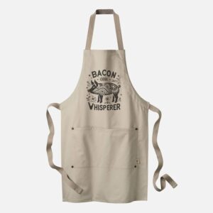 organic cotton apron with Bacon Whisperer text and folk art inspired design