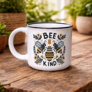 Bee Kind 15oz. ceramic mug on wooden table in front of houseplants