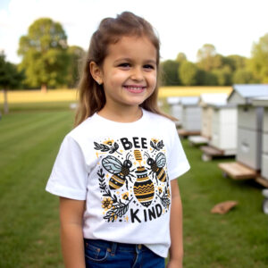 girl wearing the white "Bee Kind" tee with bees and honey jar and text "Bee Kind" standing in a beehive yard