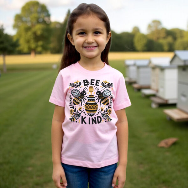 girl wearing the pink "Bee Kind" tee with bees and honey jar and text "Bee Kind" standing in a beehive yard