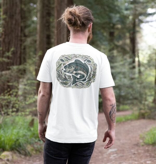 man wearing t-shirt with back print of a largemouth bass