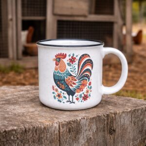 Folk Art Rooster 15oz. ceramic mug on fence post in front of a chicken coop