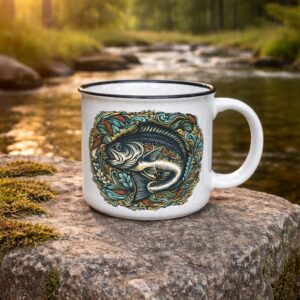 Guadalupe Bass 15 oz. ceramic mug on rock by a river