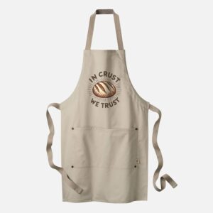 organic cotton apron with graphic of sourdough load and text "In Crust We Trust"