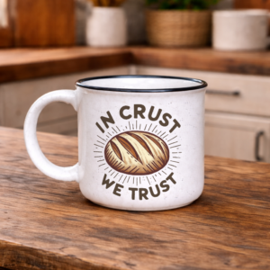 In Crust We Trust 15oz. ceramic mug on wooden kitchen counter