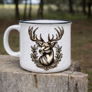 Mounted Stag 15 oz. ceramic mug on a fence post
