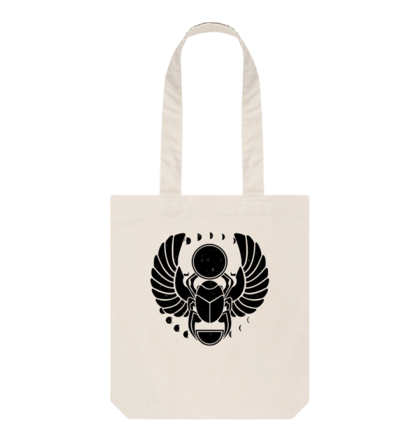 Organic cotton shopping bag featuring a Winged Scarab design surrounded by the moon phases