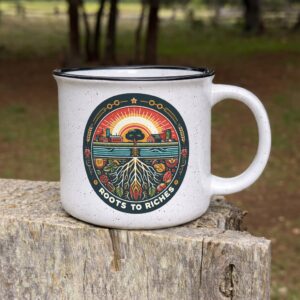 Roots to Riches 15oz. ceramic mug on a fence post