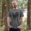 man wearing folk art rooster t-shirt in slate grey color