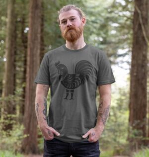 man wearing folk art rooster t-shirt in slate grey color