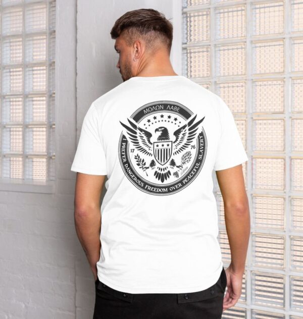 man wearing the Molon Labe t-shirt in white featuring the Mother Luck Ranch brand on the front and heraldic eagle emblem in the back with "Molon Labe" in Greek font on top of the emblem and Thomas Jefferson quote "I prefer dangerous freedom over peaceful slavery" on the bottom of the emblem.