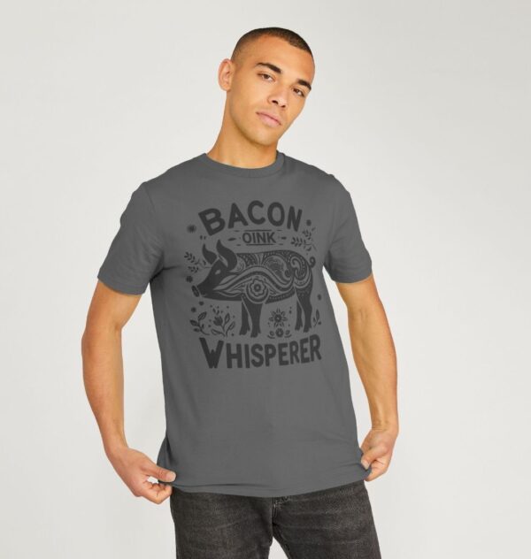 Man wearing the Men's Bacon Whisperer Organic Cotton T-Shirt in Slate Grey