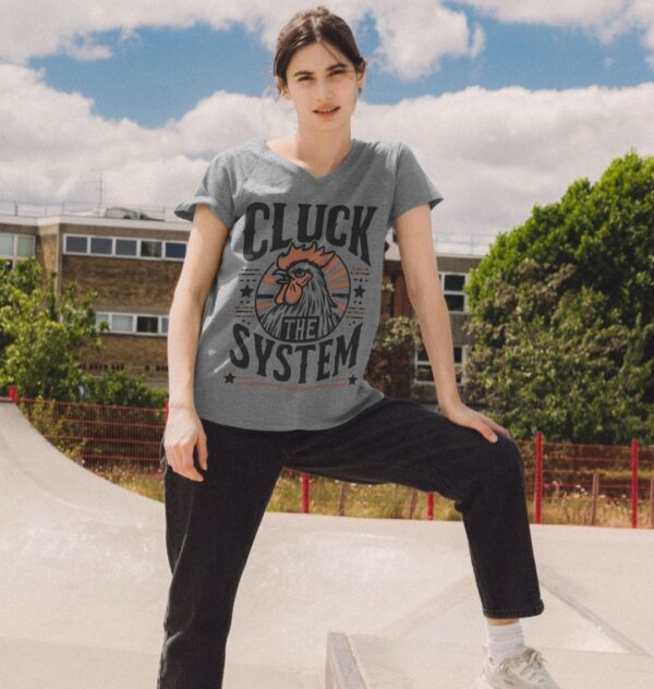 Woman wearing the Women's "Cluck The System" Organic Cotton V-Neck Tee in White