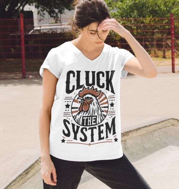 Woman in skate park wearing the Women's "Cluck The System" Organic Cotton V-Neck Tee in White