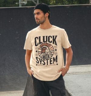 Man in skate park wearing the Men's "Cluck The System" Organic Cotton T-Shirt in Oat Color