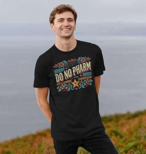 Man wearing the Do No Pharm Organic Cotton T-Shirt in Black