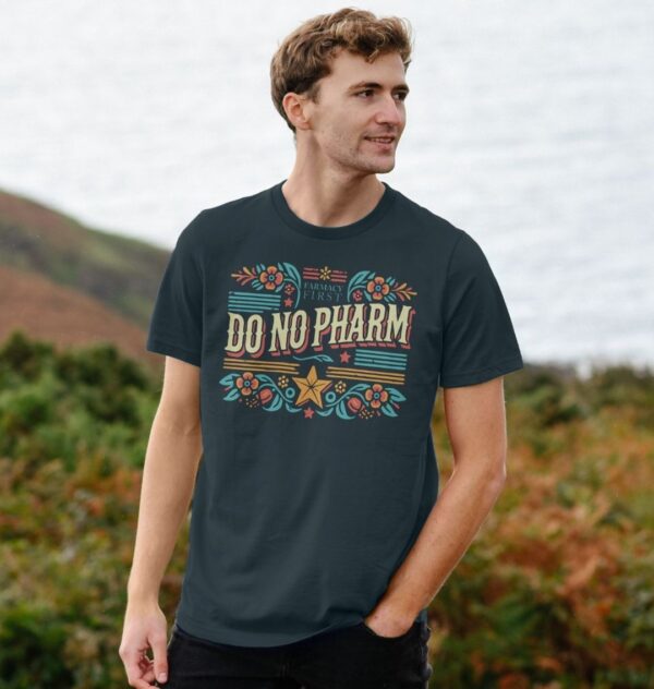 Man wearing the Do No Pharm Organic Cotton T-Shirt in Denim Blue