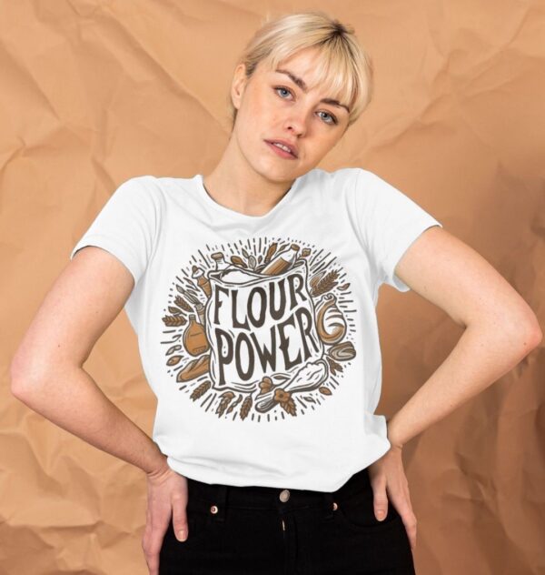 woman wearing "Flour Power" crew neck organic cotton tee in white